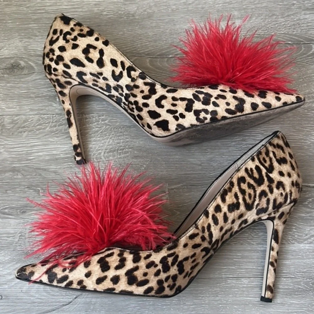 Sam‎ Edelman Leopard Print Heels with Red Feather Pom Poms Pointed Toe Size 6